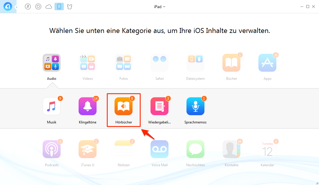 Hörbuch vom iPad auf Computer übertragen – Schritt 1