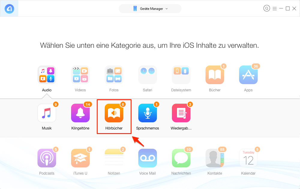 AnyTrans starten und Hörbuch auswählen – Schritt 2