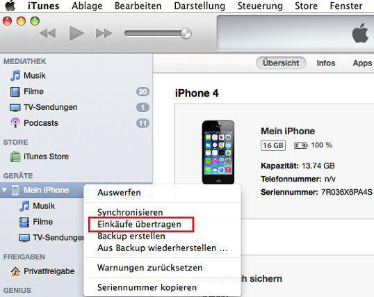 Einkäufe vom iPhone in iTunes übertragen – Schritt2