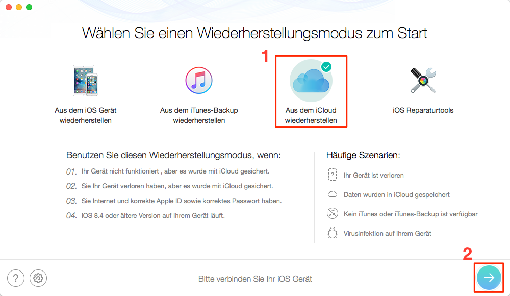 PhoneRescue starten und Wiederherstellungsmodus auswählen – Schritt 1