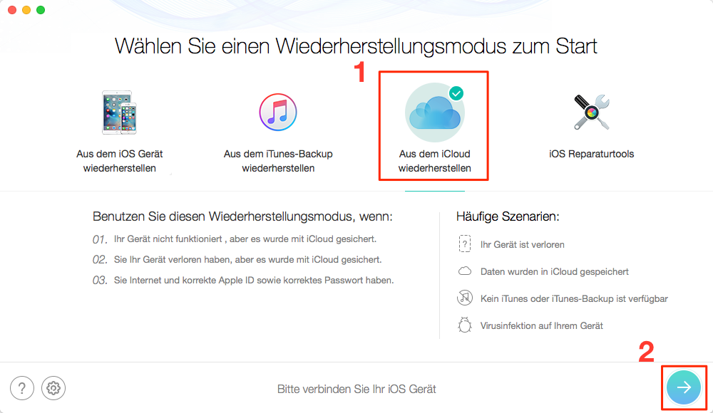 PhoneRescue starten und Wiederherstellungsmodus auswählen - Schritt 1