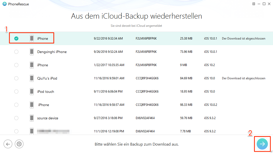 iCloud Backup und Gerät auswählen zum Laden - Schritt 3