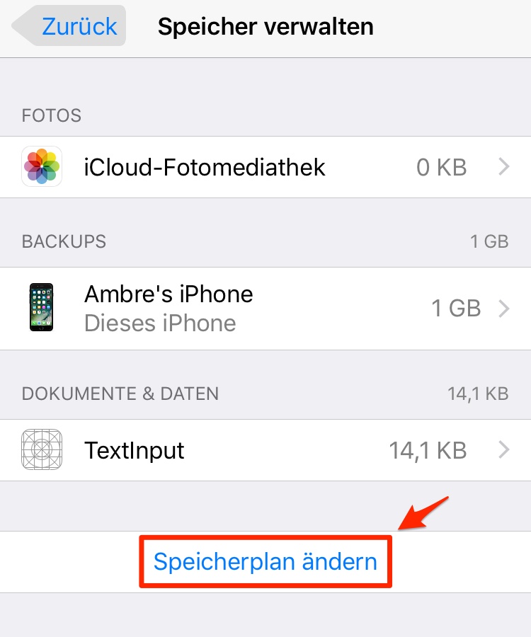 iCloud Speicherplan ändern – Schritt 3