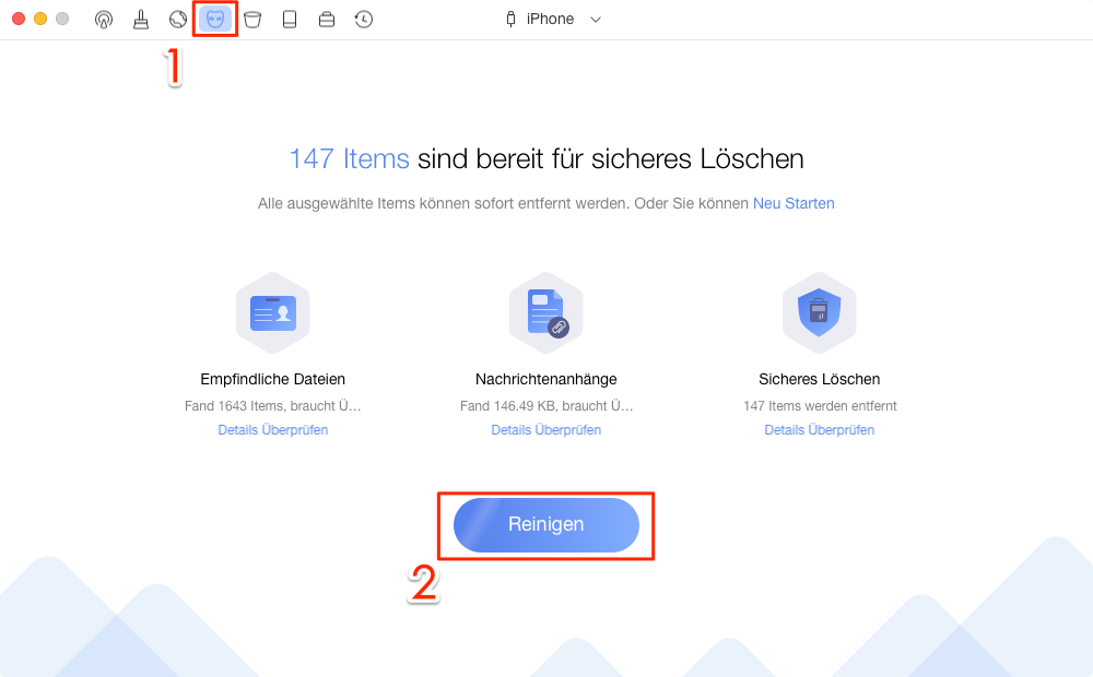 PhoneClean starten und Privacy Clean wählen – Schritt 1