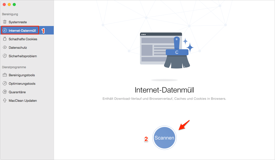 Internet-Datenmüll auf MacClean wählen und Mac scannen - Schritt 1