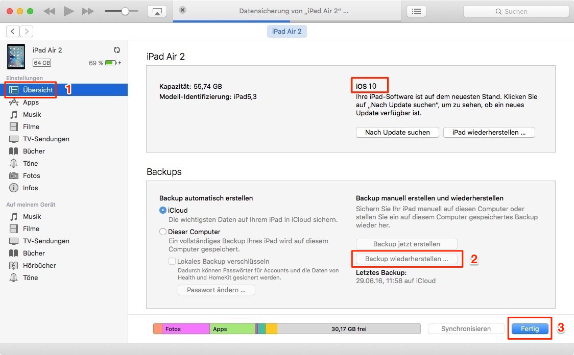 iOS 10/10.2 Datenrettung mit iTunes-Backup