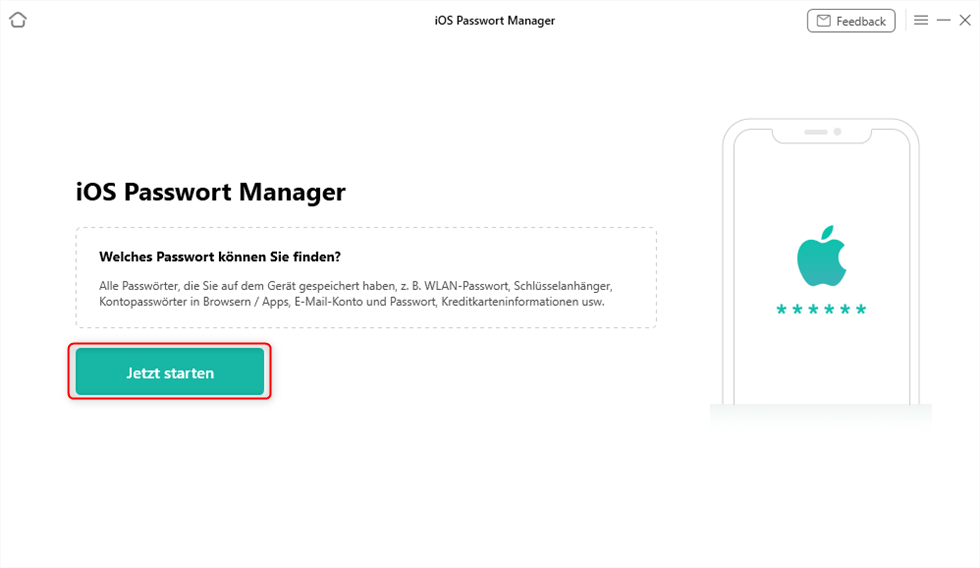iOS Passwort Manager - auf Jetzt starten klicken