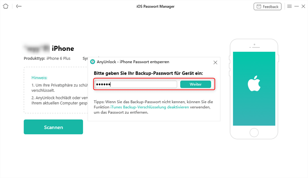 iOS Passwort Manager - vor dem Scannan Backup-Passwort eingeben