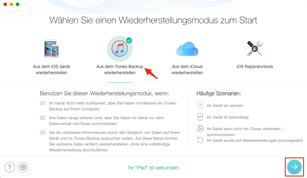 PhoneRescue öffnen und „Aus dem iTunes-Backup wiederherstellen“- Schritt 1