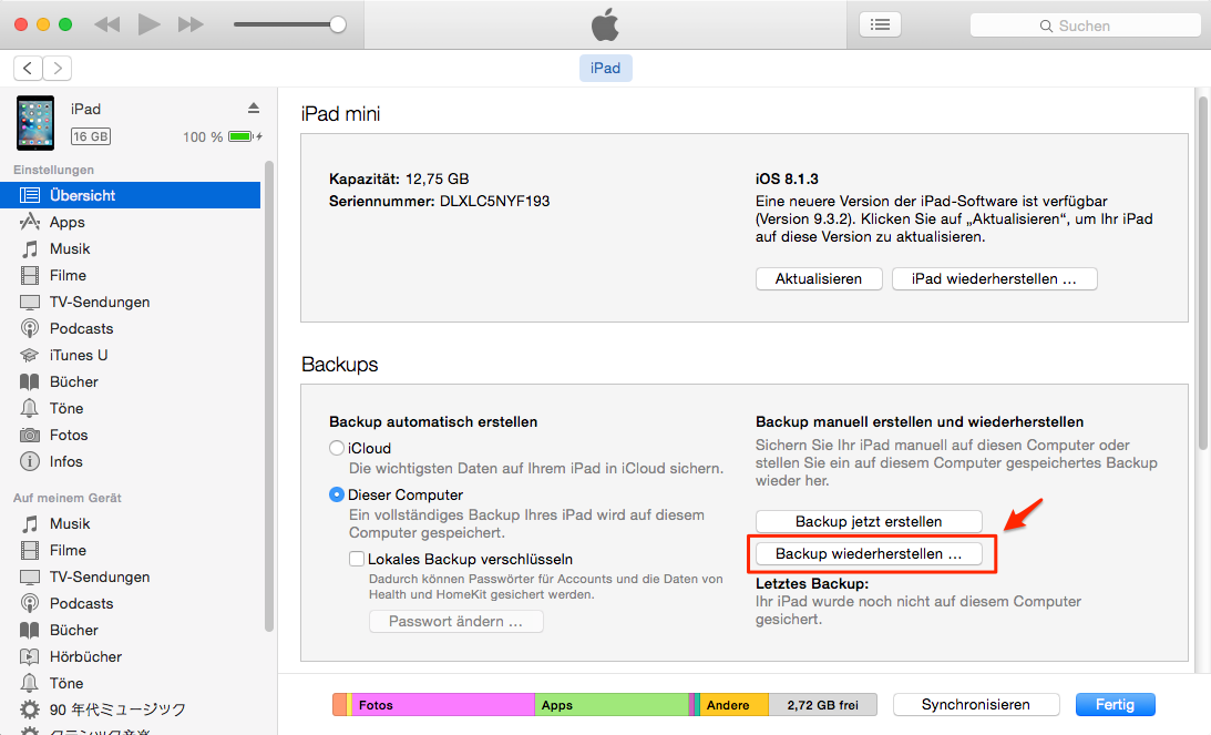 Über iTunes kann man iPad Backup wiederherstellen