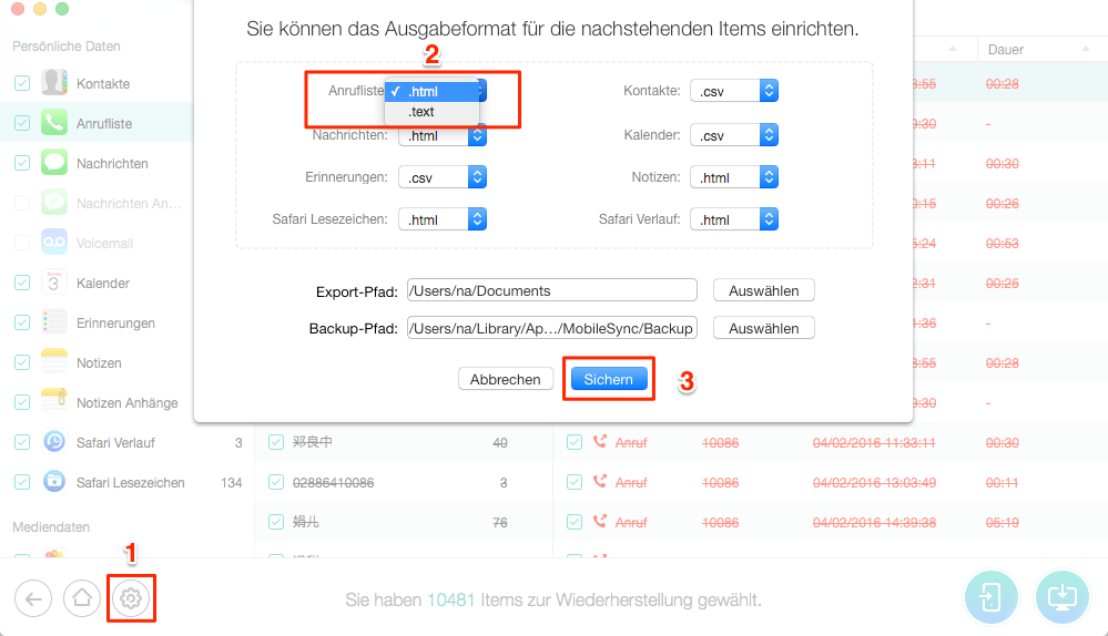 Format der Anrufliste vor der Übertragung auswählen – Schritt 4