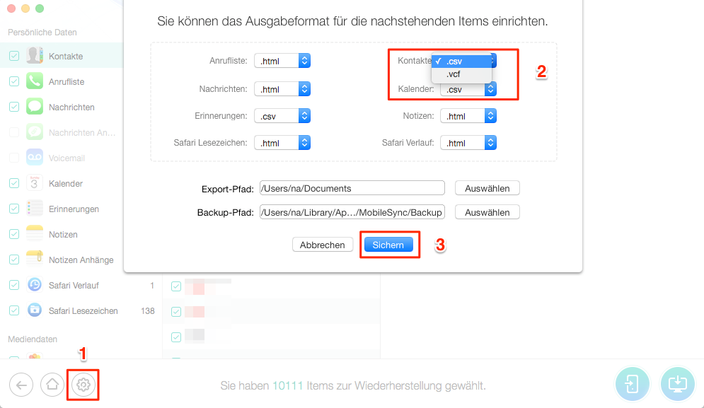 iPhone X/8/7(Plus) Kontakte wiederherstellen - Format auswählen – Schritt 3