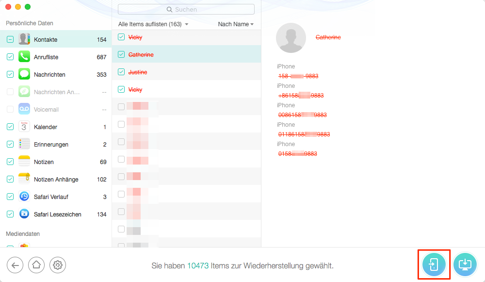 Gelöschte Kontakte auf iPhone X/8/7(Plus) wiederherstellen – Schritt 4