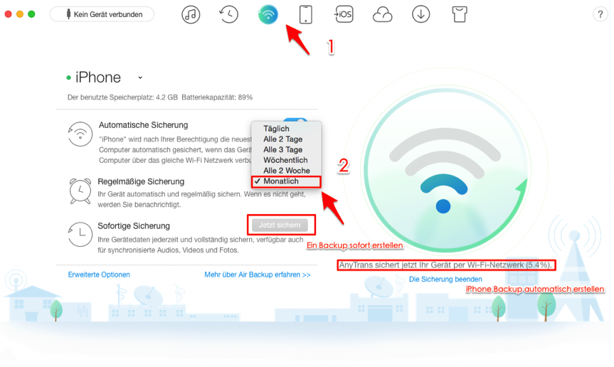 Backup vom iPhone auf PC mit Wi-Fi – Backup-Zeitplan einstellen