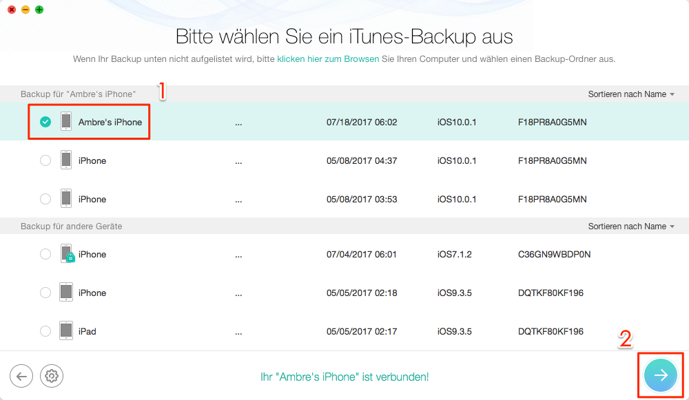 iPhone und gewünschtes Backup auswählen - Schritt 2