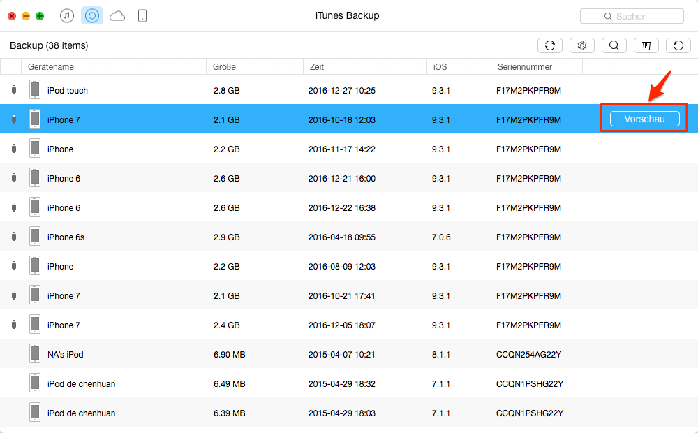 iPhone Datenrettung aus iTunes Backup – Schritt 2