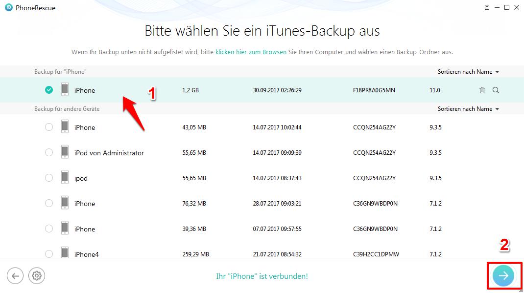 Bilder von kaputten iPhone retten – Backup wählen