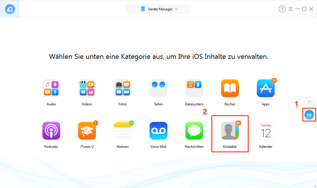 AnyTrans starten und Kontakte auswählen – Schritt 1