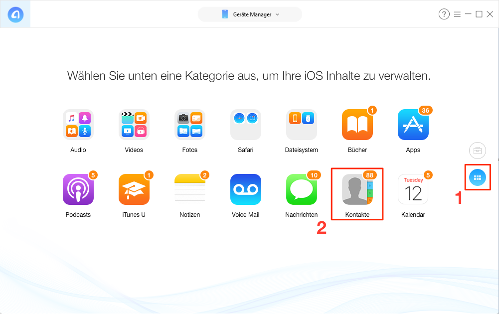AnyTrans starten und Kontakte auswählen - Schritt 1
