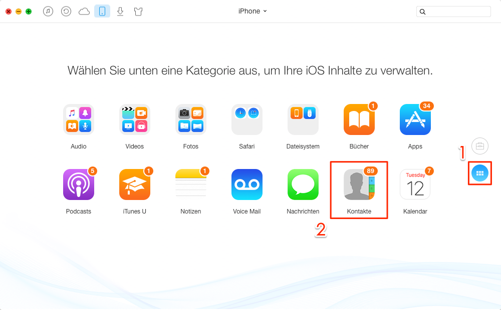AnyTrans starten und Kontakte wählen - Schritt 2