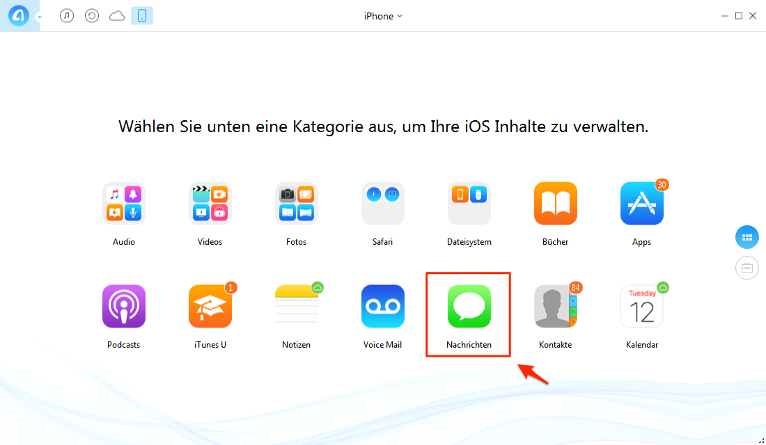 AnyTrans öffnen und die Option „Nachrichten“ auswählen – Schritt 1