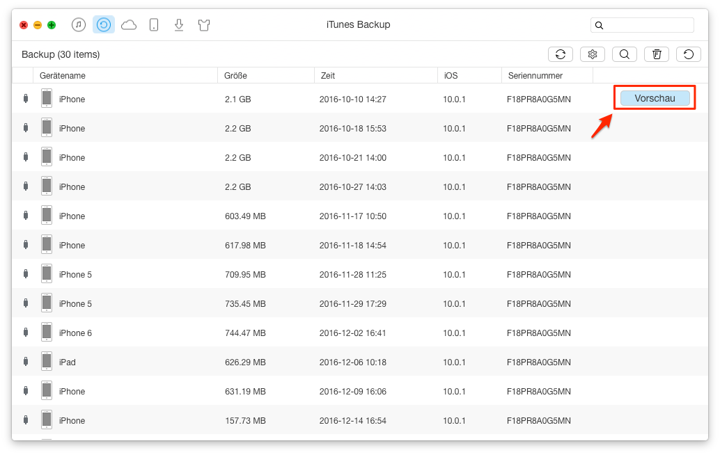 iTunes Backup und Ihr iPhone auswählen – Schritt 2