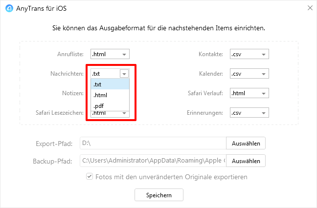 iPhone SMS lesen auf PC - einstellen