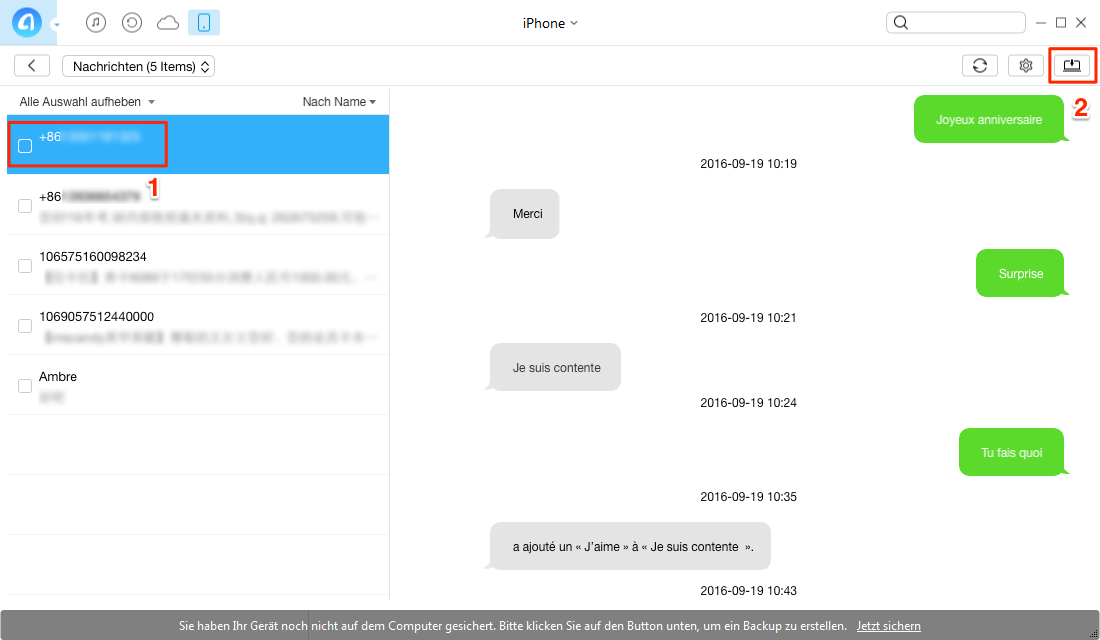 iPhone SMS Verlauf auf PC sichern - Schritt 3