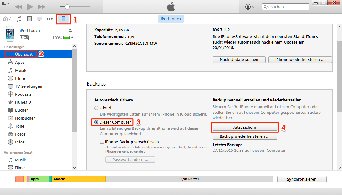 iPod Musik über iTunes auf PC sichern