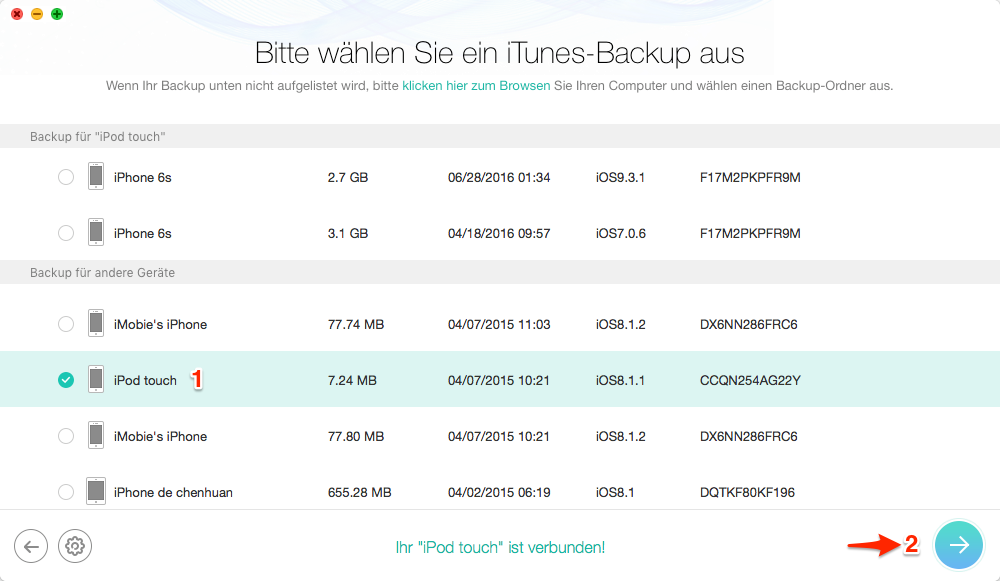 Backup von iTunes auswählen – Schritt 2