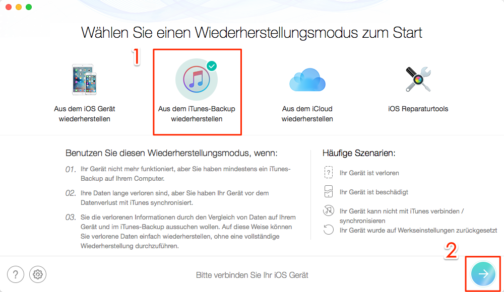PhoneRescue starten und Wiederherstellungsmodus auswählen - Schritt 1