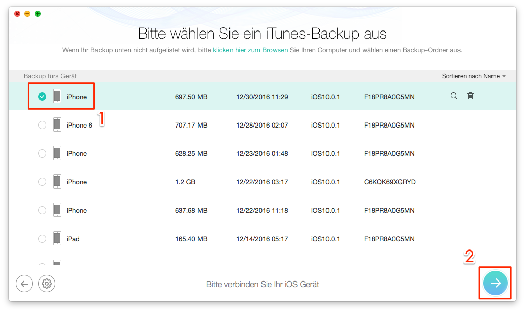 iTunes Backup auswählen - Schritt 2