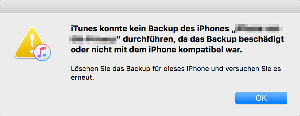 iTunes Backup beschädigt/ nicht kompatibel – Gerät Backup geht nicht