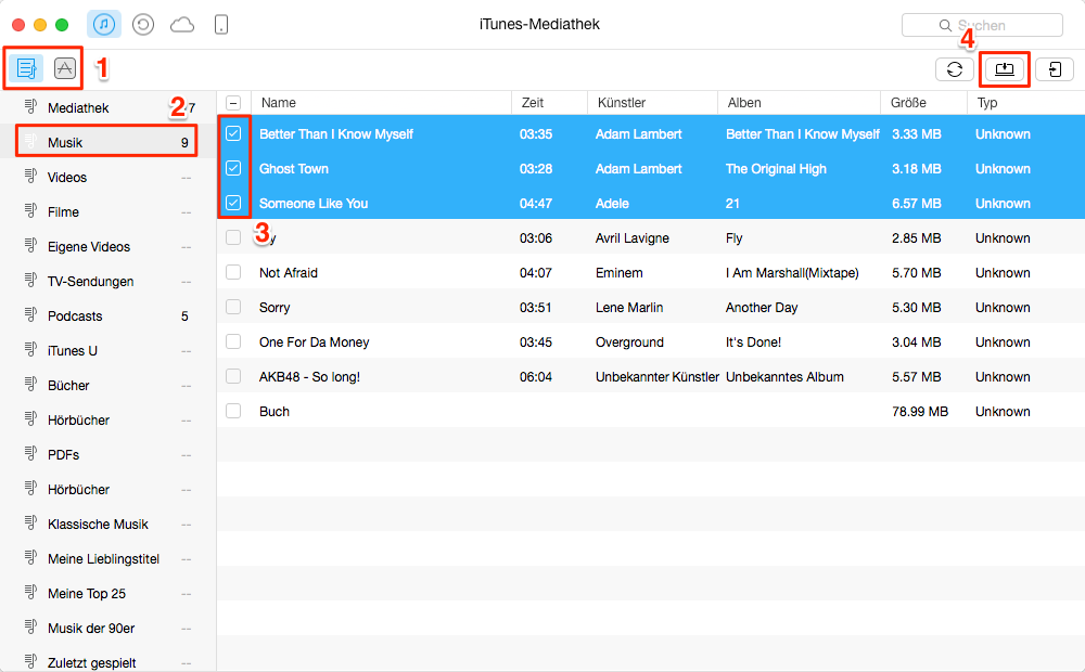 Einfach! Inhalte in iTunes Mediathek auswählen - Schritt 2