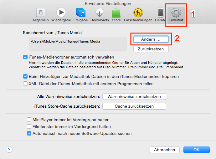 Speicherort von „iTunes Media“ suchen und ändern – Schritt 1