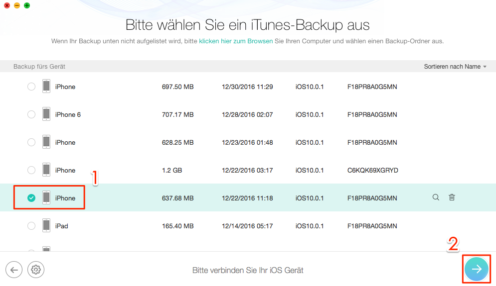 iOS-Gerät und Backups auswählen - Schritt 2