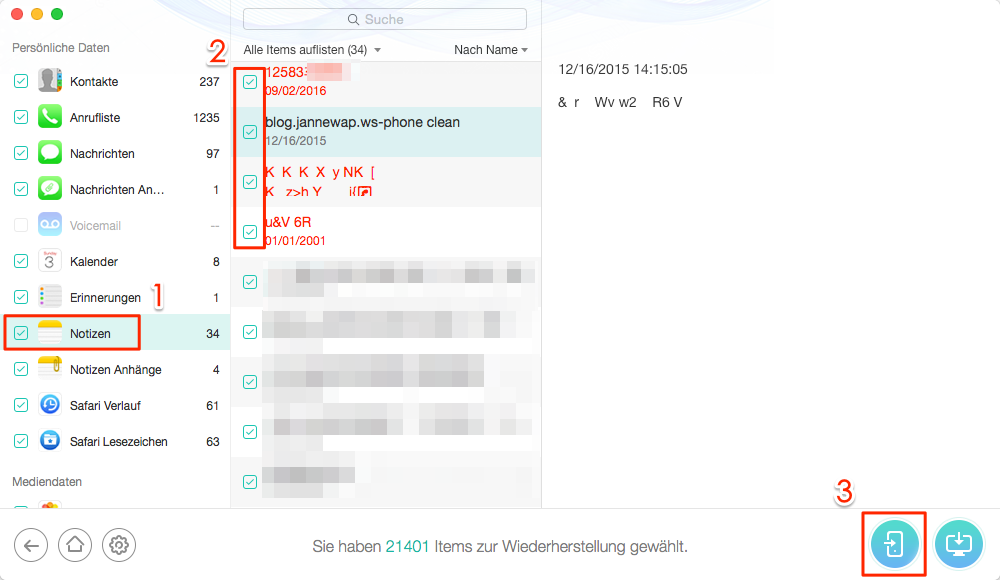 Selektiv! iTunes Notizen wiederherstellen - Schritt 3