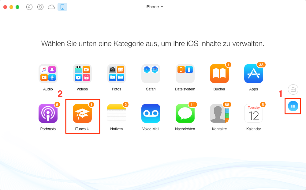 AnyTrans starten und iTunes U wählen - Schritt 1