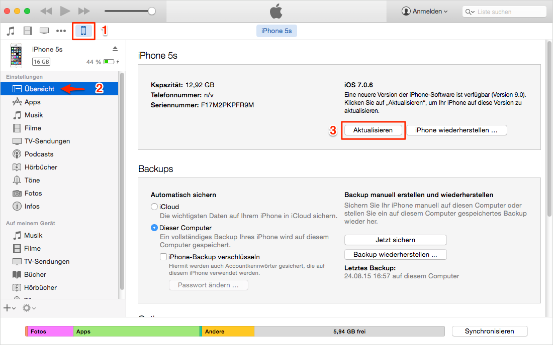 Jailbreak iGerät über iTunes auf iOS 9 updaten – Schritt2