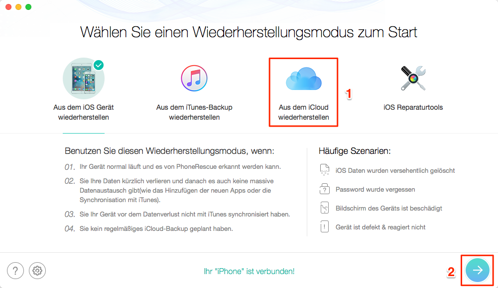 AnyTrans starten und Wiederherstellungsmodus auswählen - Schritt 1