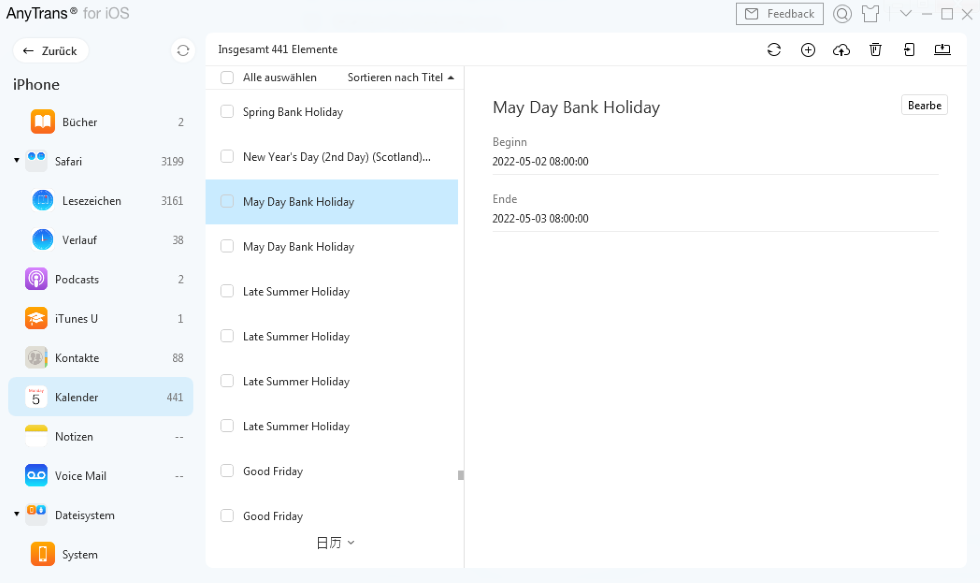 Kalenderinhalt auswählen