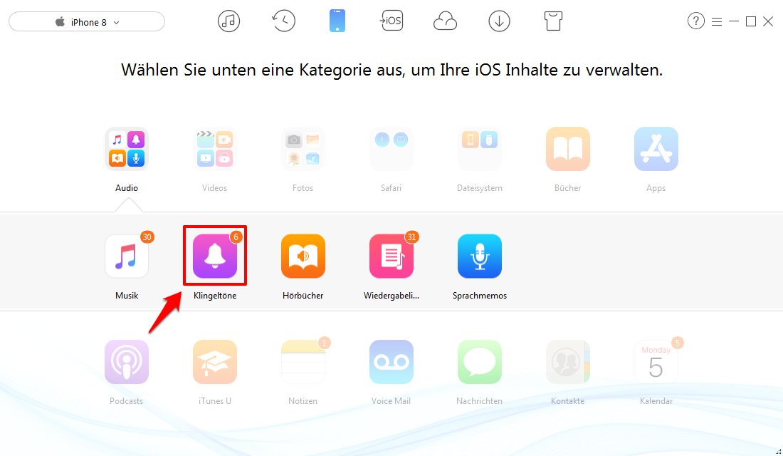 Klingelton unter die Option Audio auswählen – Schritt 3