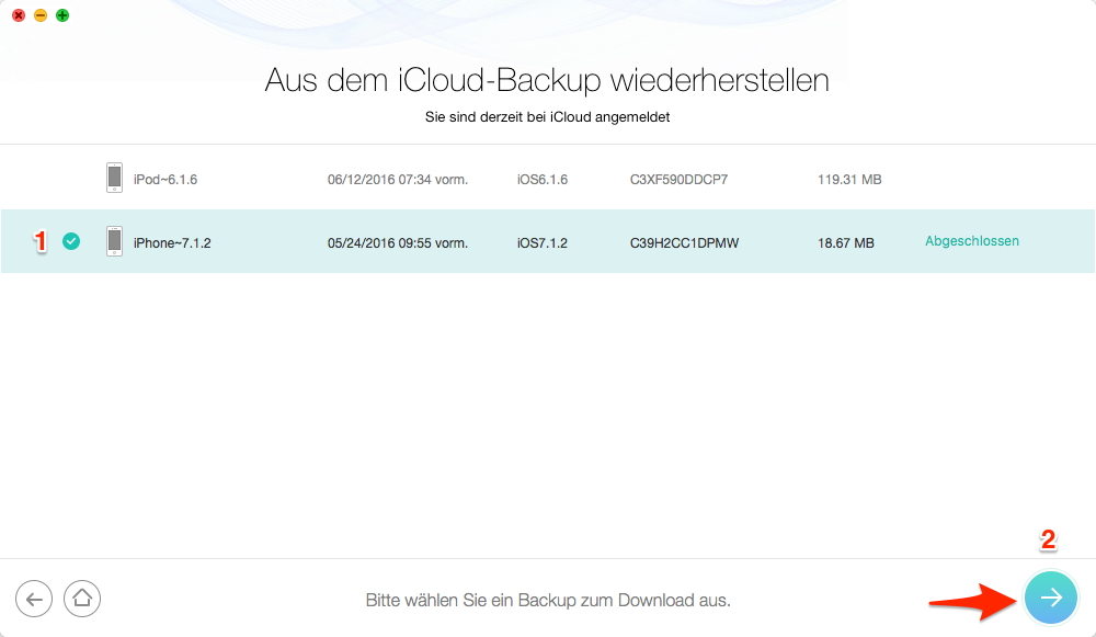 iCloud Kontakte wiederherstellen: iCloud Backup auswählen – Schritt 3