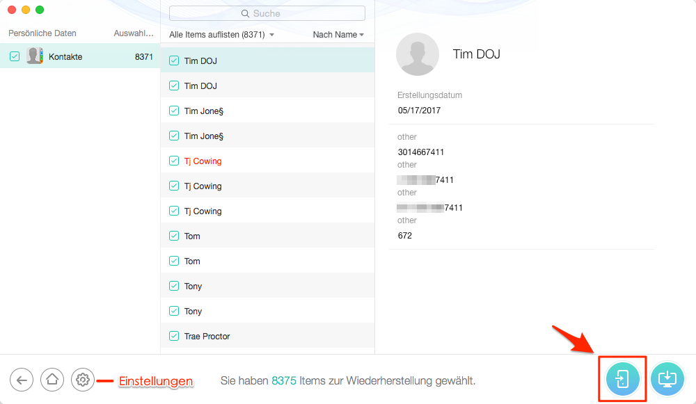 Alle iCloud Kontakte auf iPhone/iPad wiederherstellen – Schritt 5