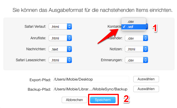 Kontakte-Format selbst auswählen
