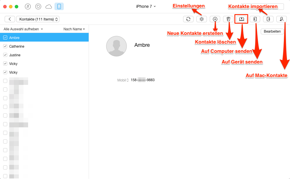 Kontakte vom iPhone 7 auf Mac selektiv übertragen – Schritt 4