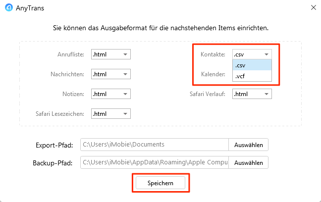 Das Format von Kontakte auswählen
