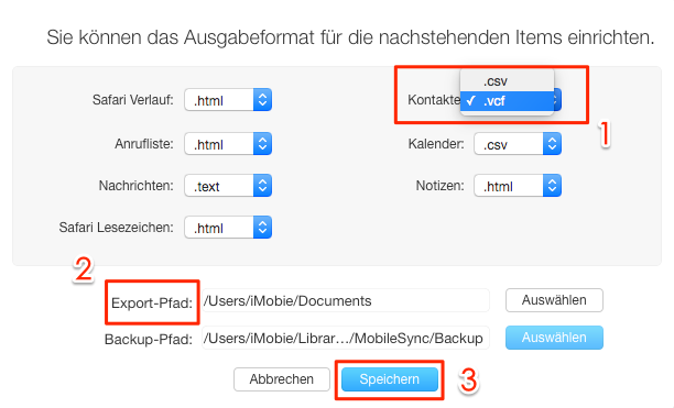 Format vom Kontakte einstellen und Export-Pfad auswählen