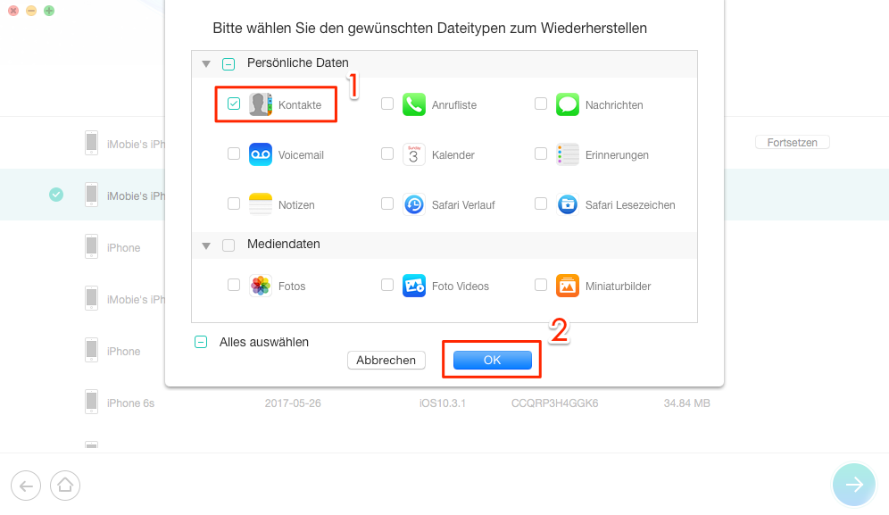 Die Option von „Kontakte“ aktivieren – Schritt 4