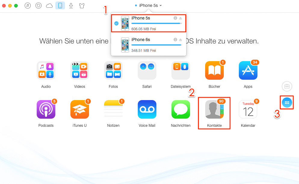 AnyTrans starten und Kontakte auswählen – Schritt 1